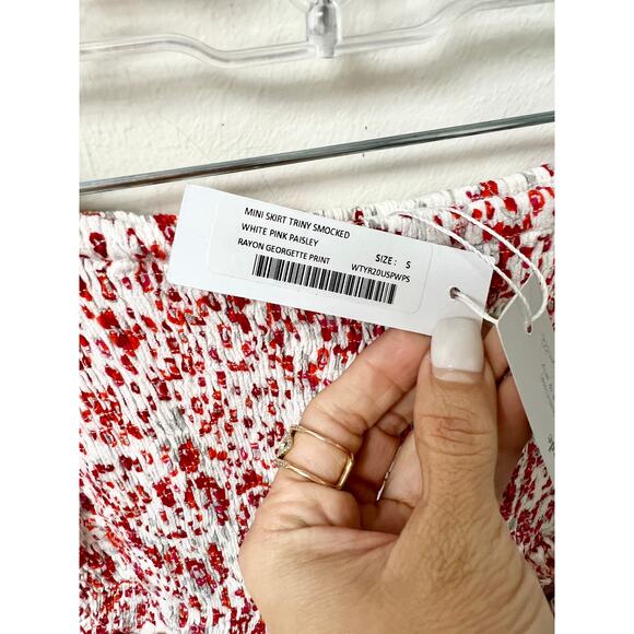 NWT Poupette St Barth Rayon Georgette Print Smocked Mini Skirt White/Red S - Picture 3 of 6
